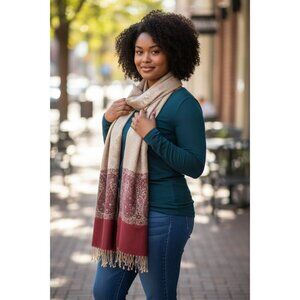 Paisley & Floral Beige And Burgundy Shawl Scarf With Fringe Trim - New With Tags